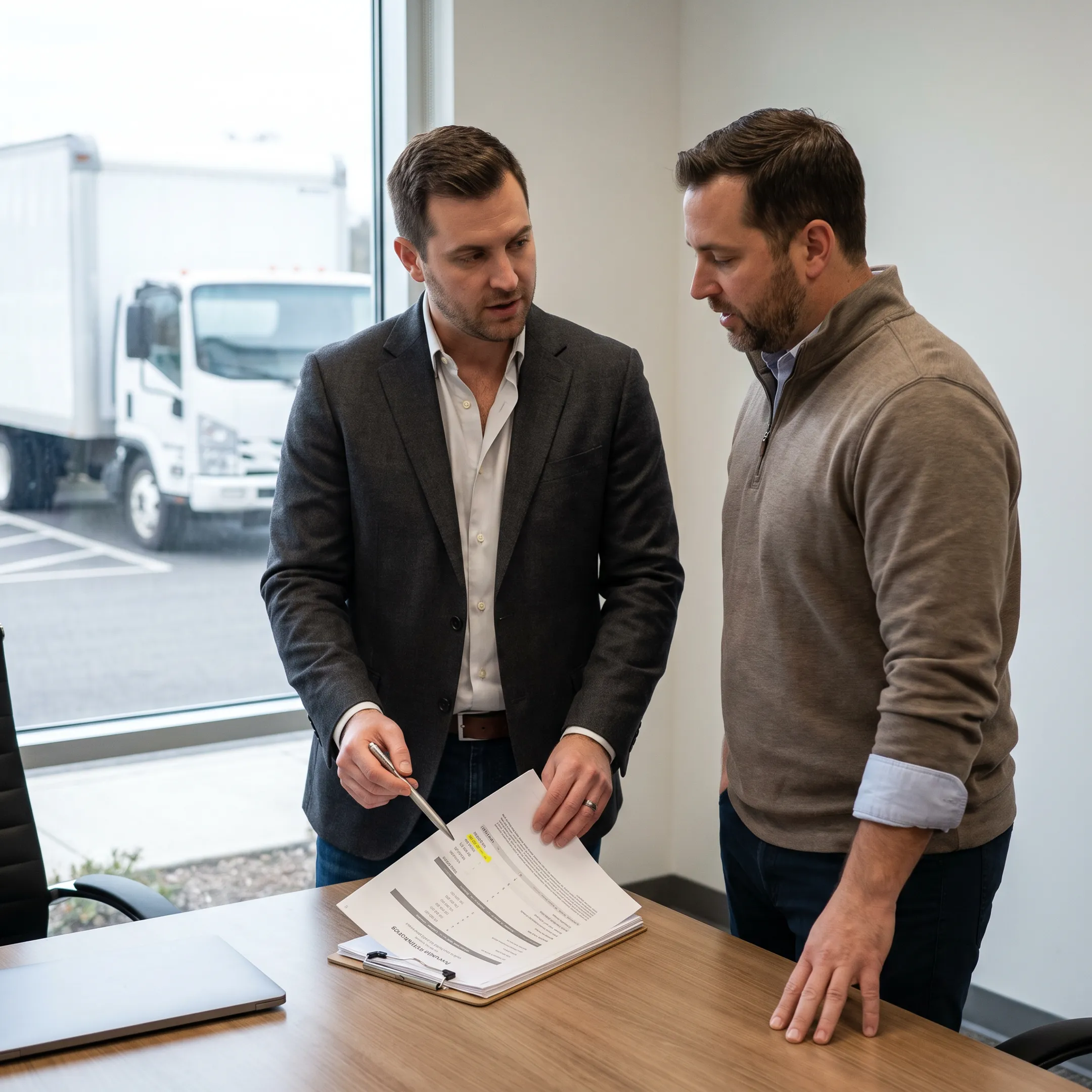 Business owner reviewing commercial truck financing documents