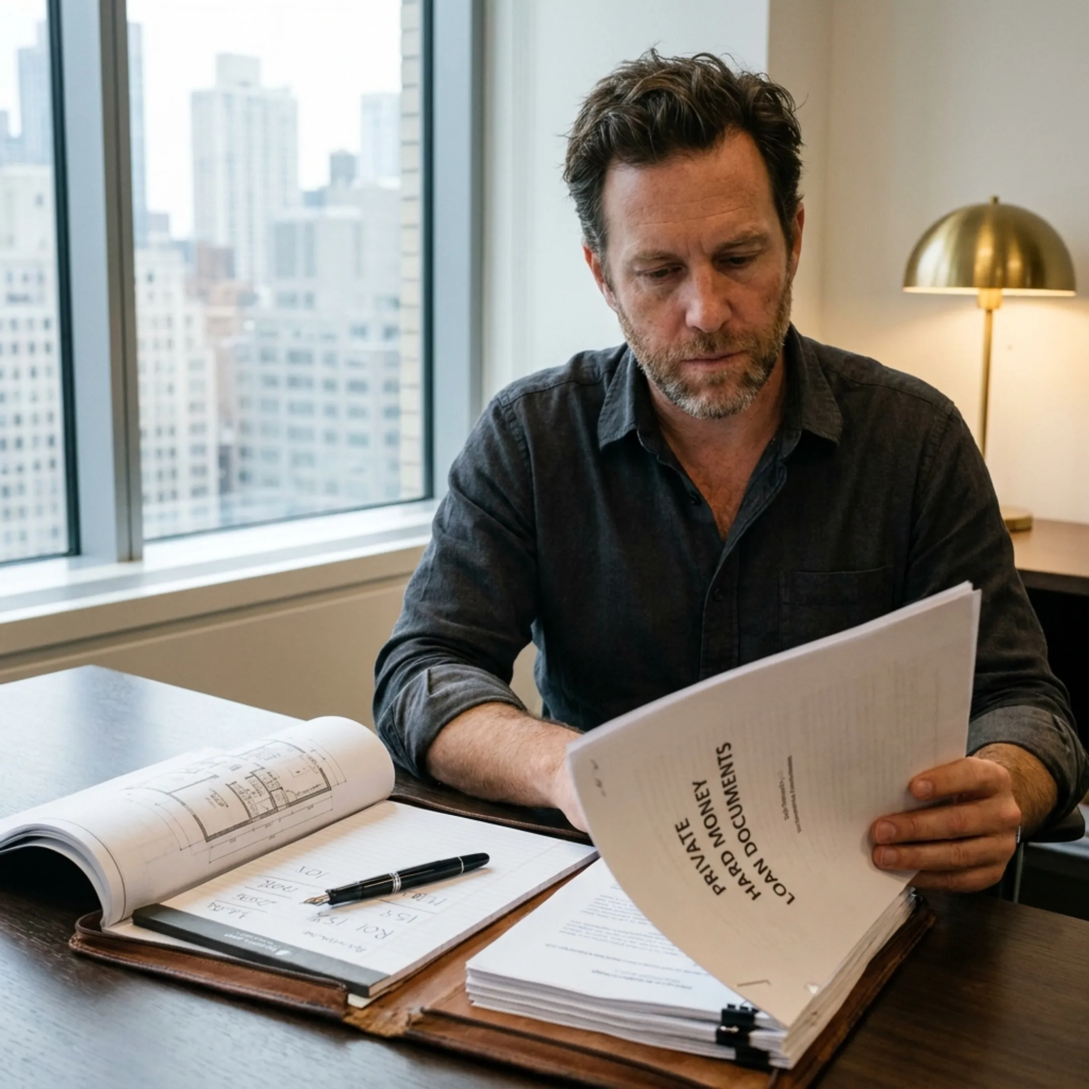 New York real estate investor reviewing private loan documents