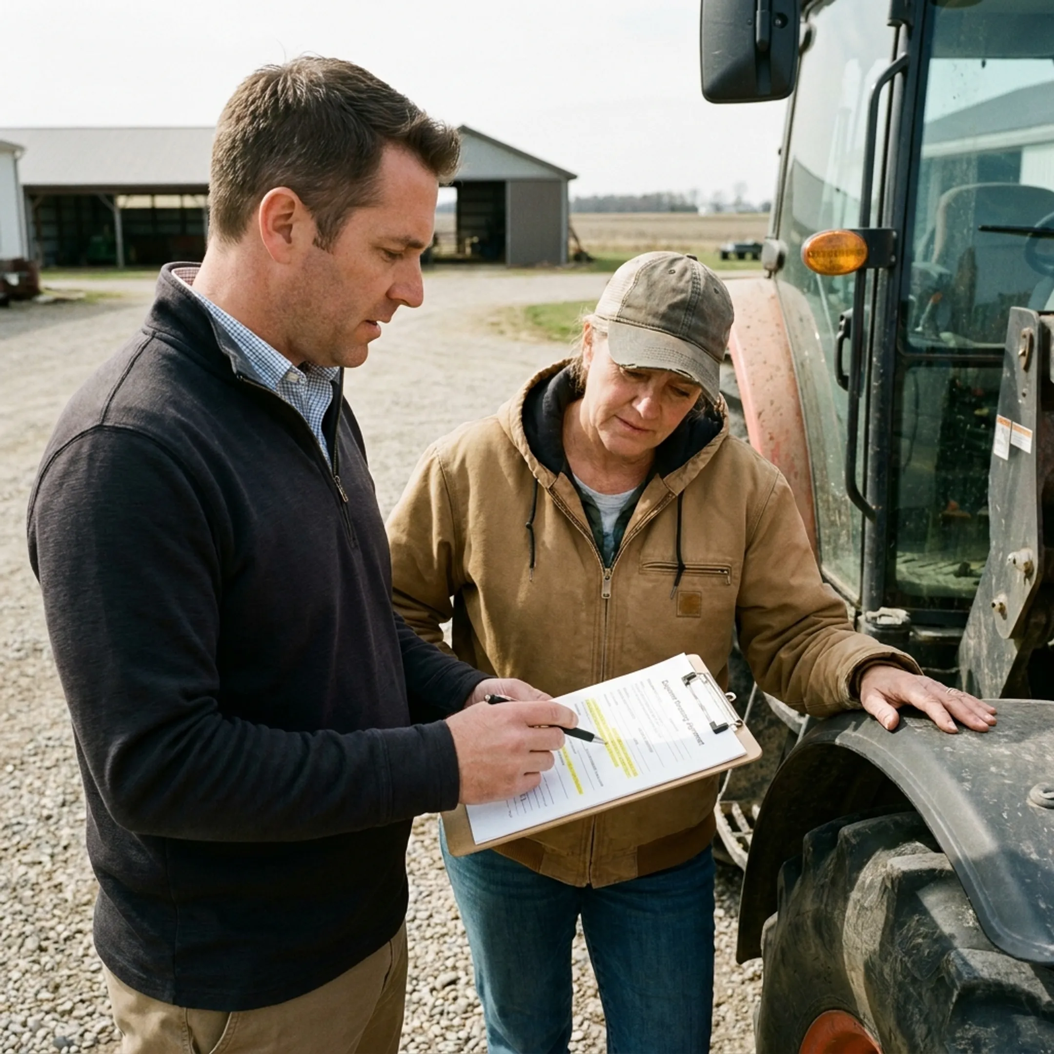 Advisor helping a farmer review equipment financing documents