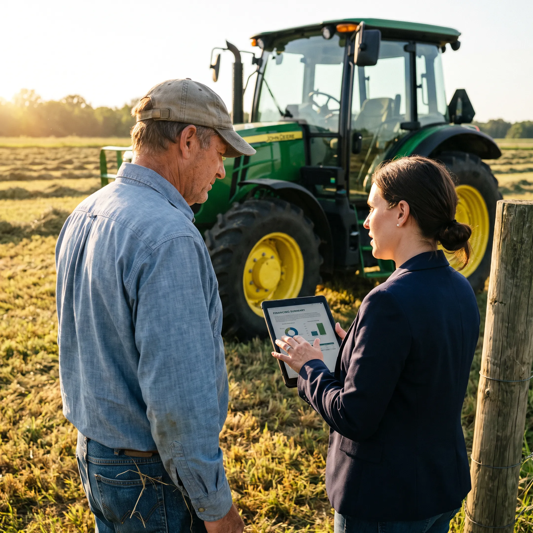 Farmer reviewing tractor financing options beside modern farm equipment