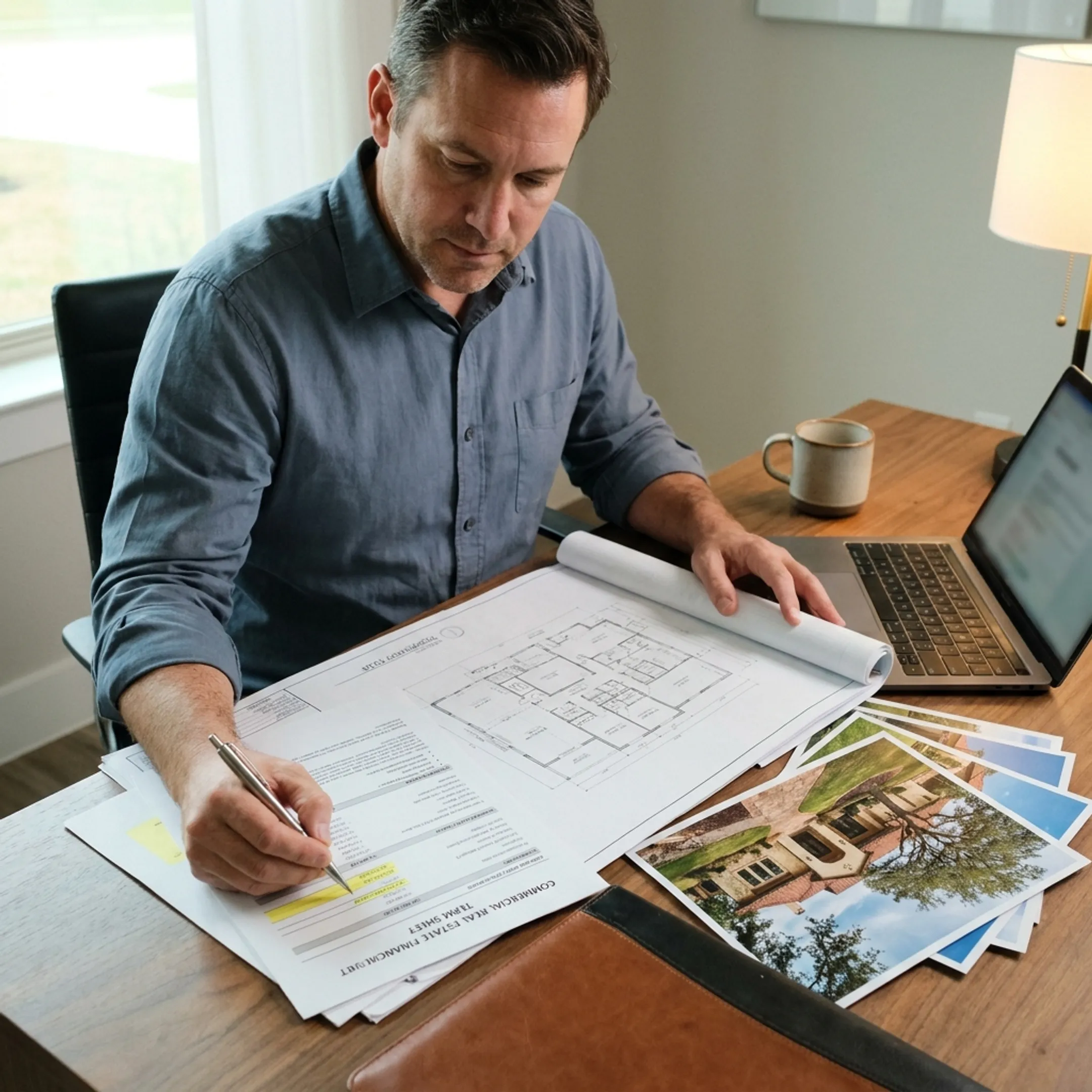 Real estate investor reviewing investment property financing documents
