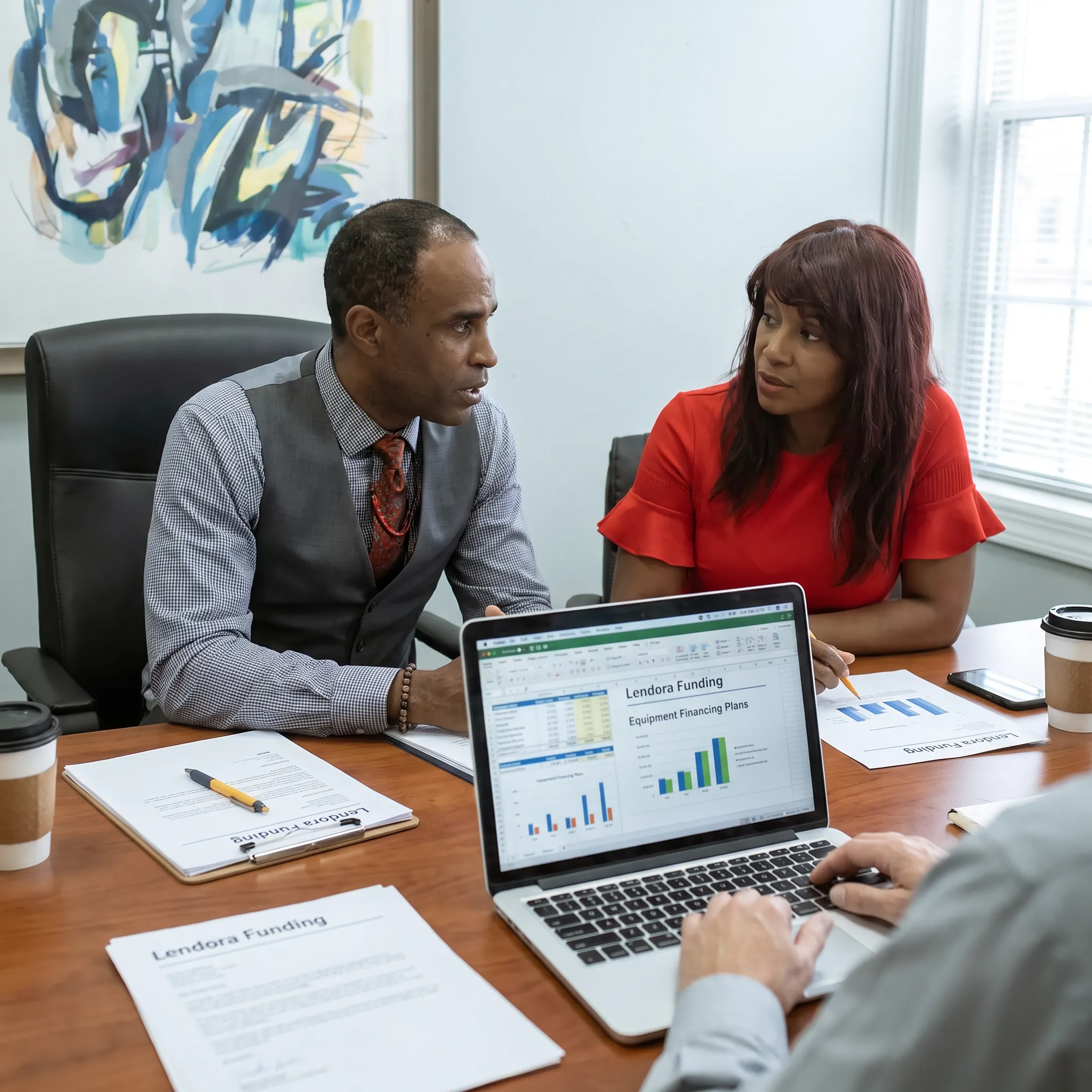 Funding specialist discussing equipment needs with business owner