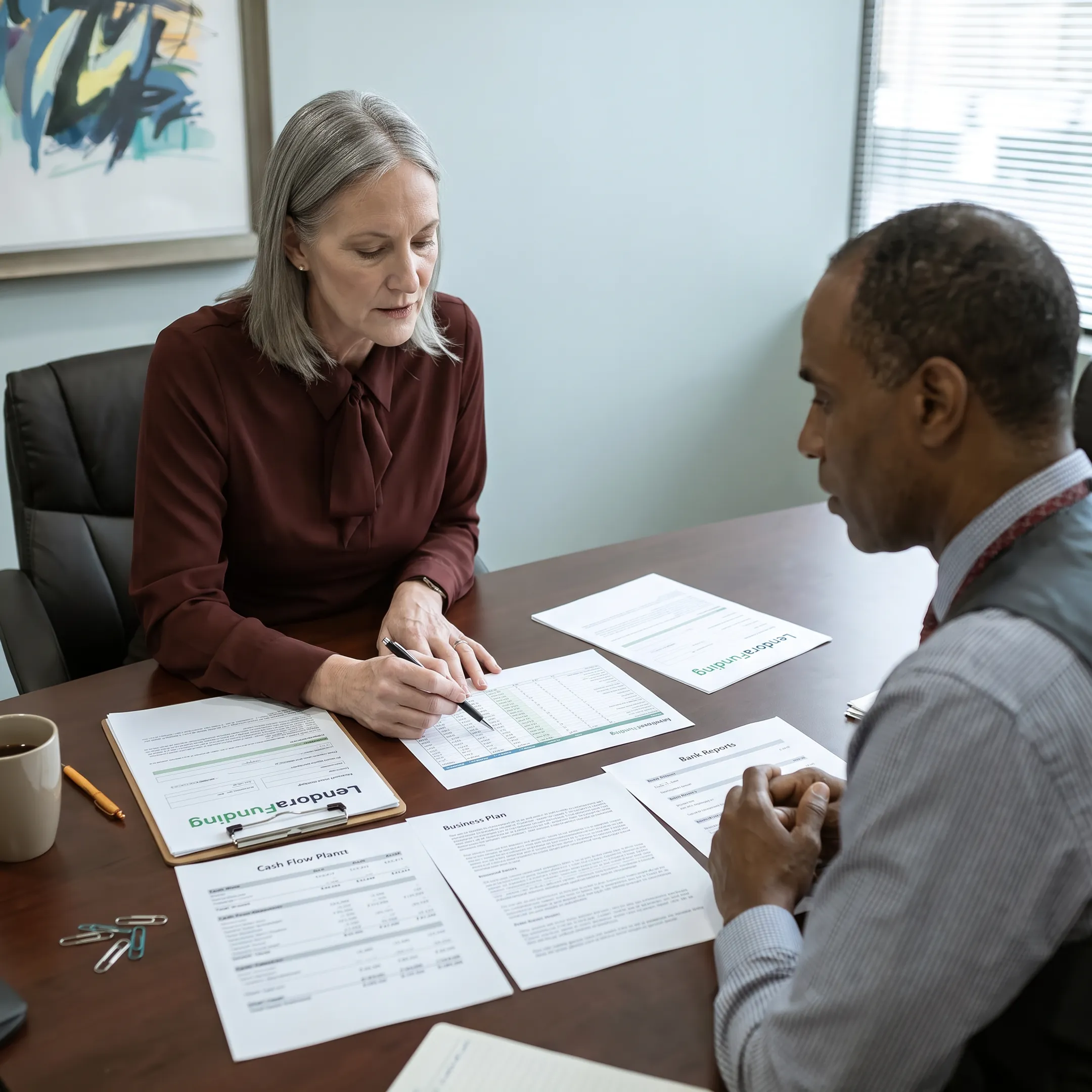Funding specialist discussing financing with a startup owner