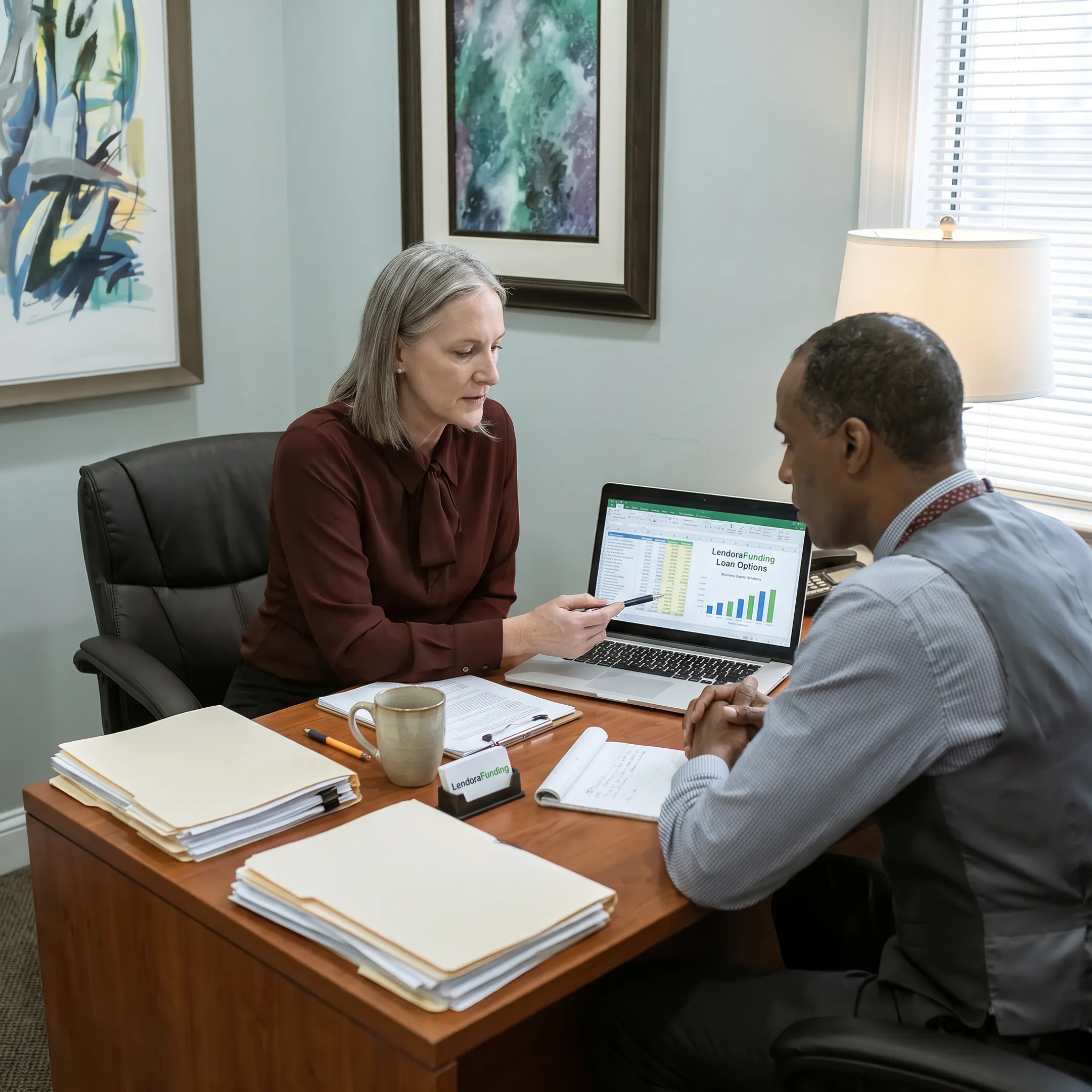 Funding specialist discussing business financing with entrepreneur