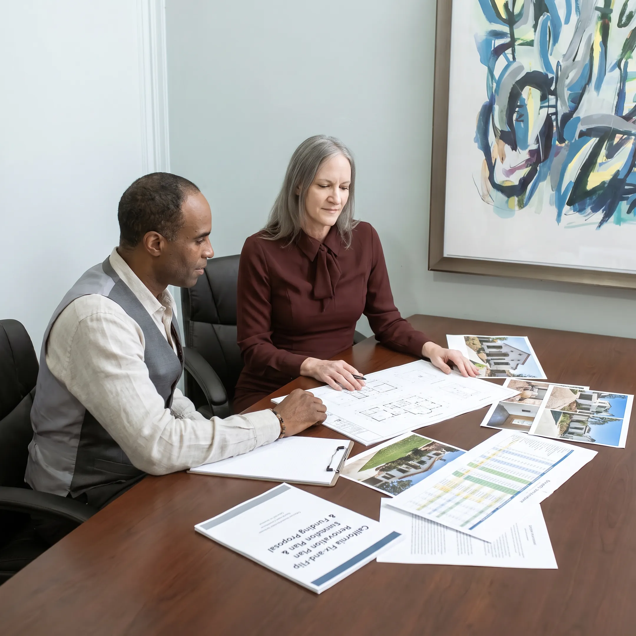 California real estate investor reviewing a fix and flip property renovation plan