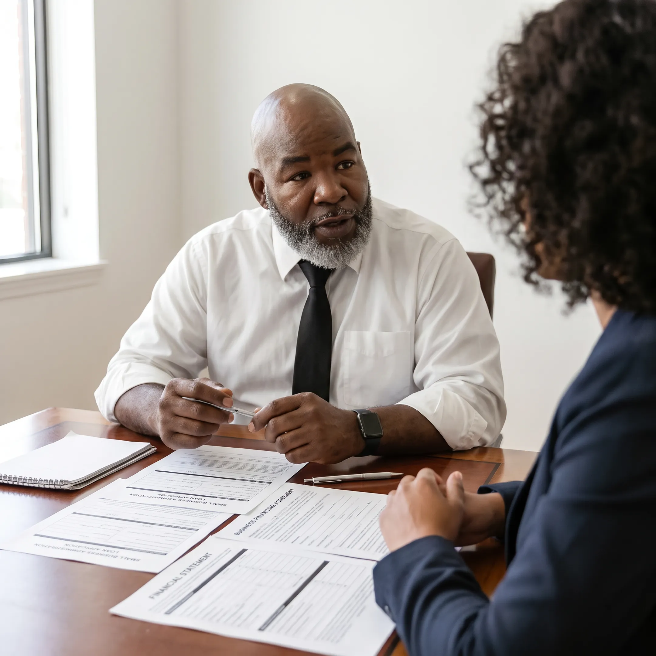 Veteran entrepreneur reviewing SBA loan options with a funding specialist