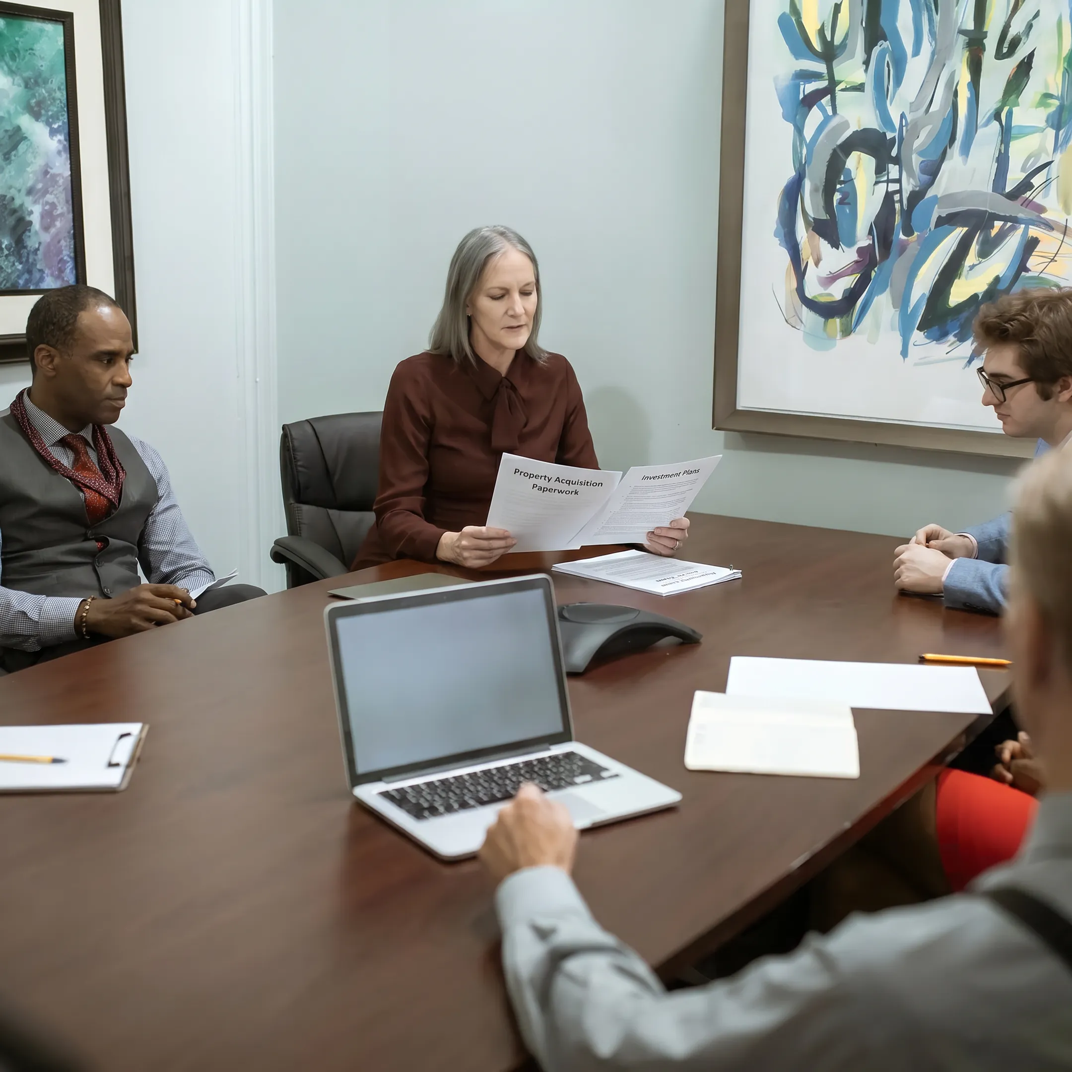 Real estate investor reviewing property funding documents with a lending specialist