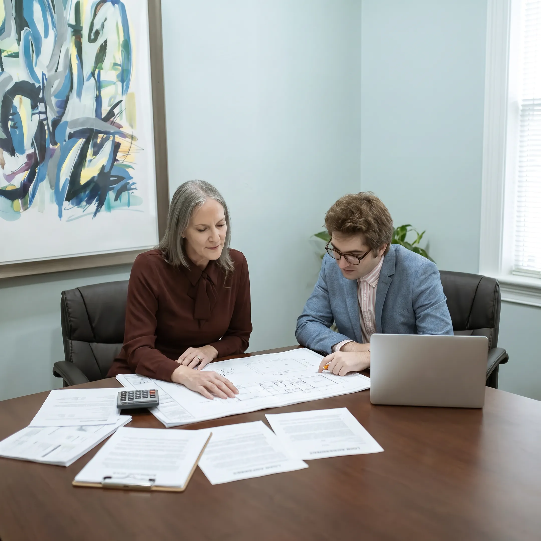 Construction business owner reviewing financing documents with a funding specialist
