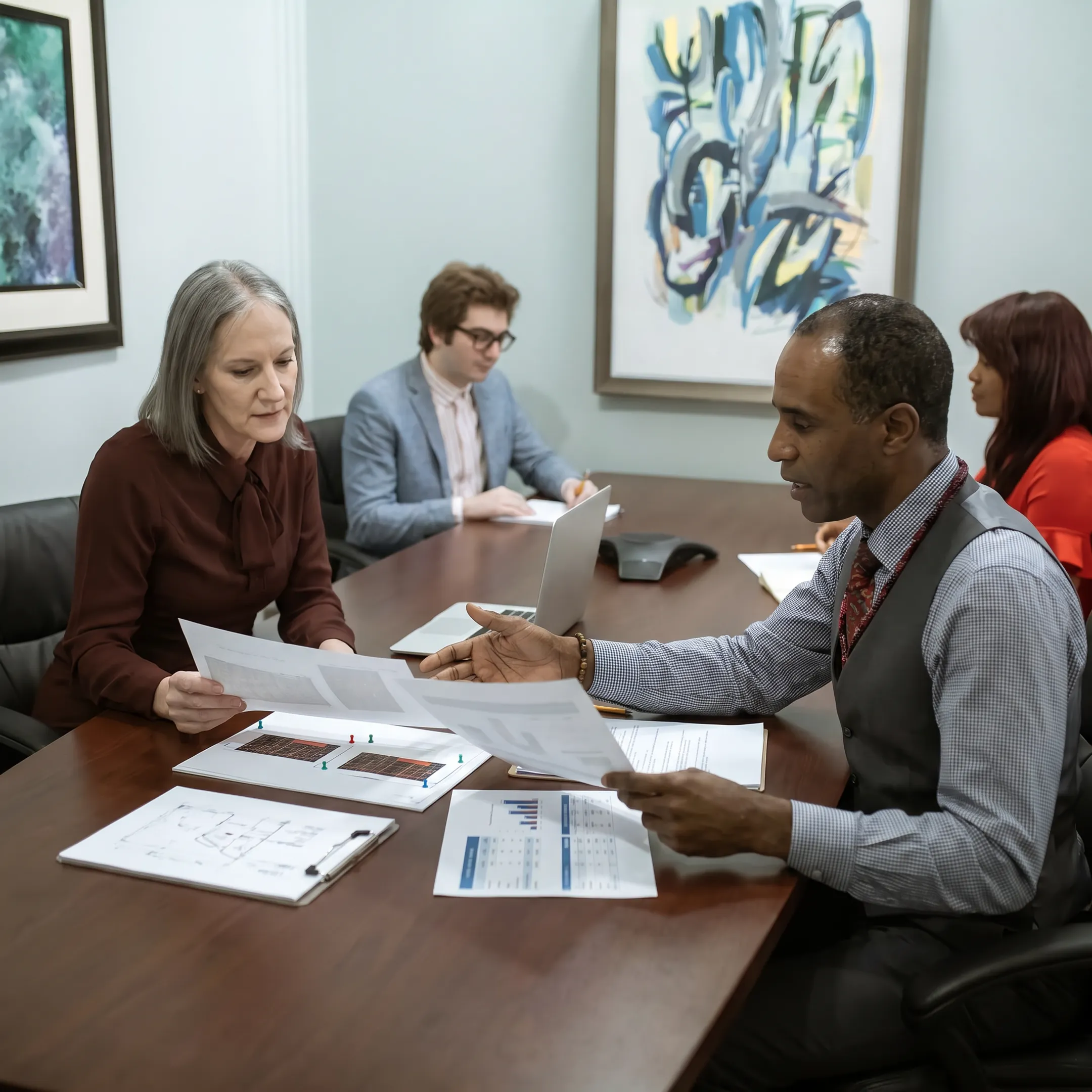 Investor reviewing real estate funding documents with a financial specialist