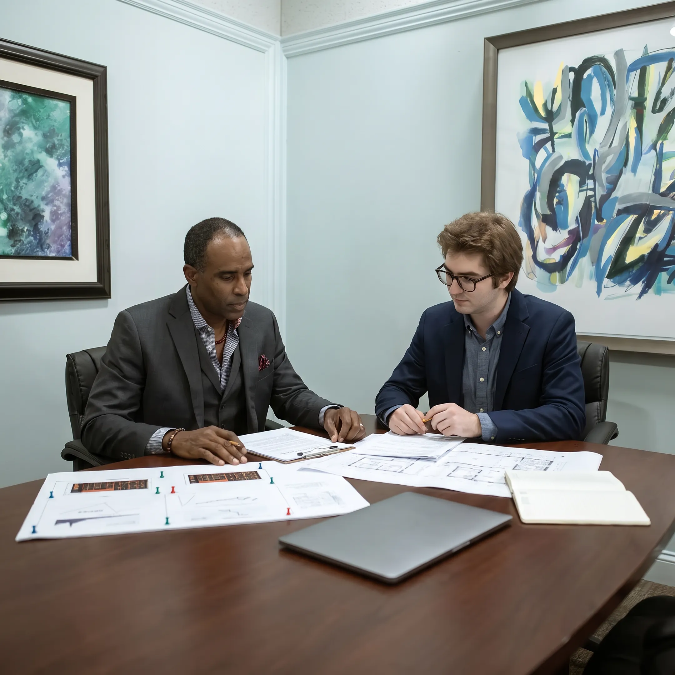 Investor reviewing fix and flip property plans with funding specialist