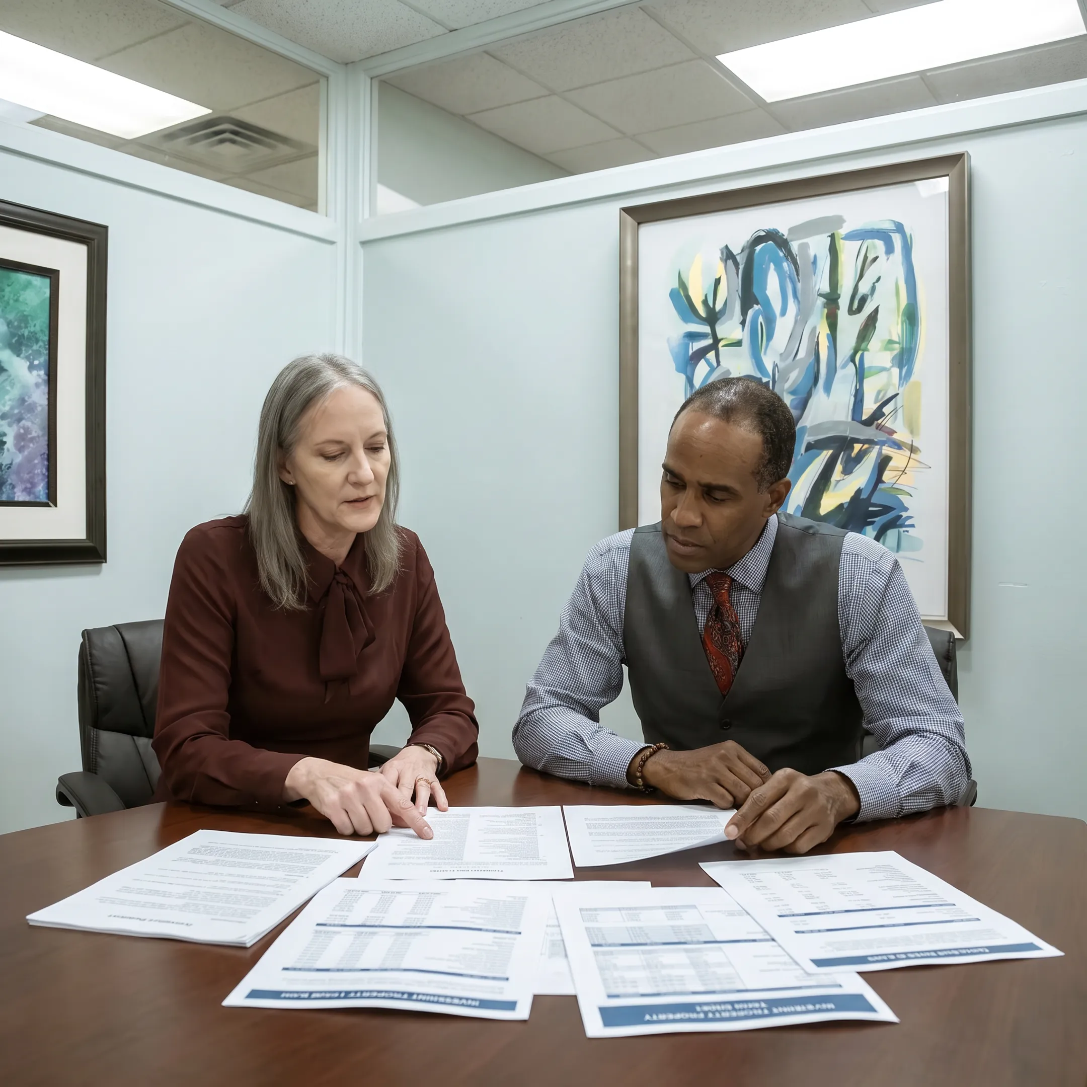 Investor reviewing investment property loan documents with funding specialist