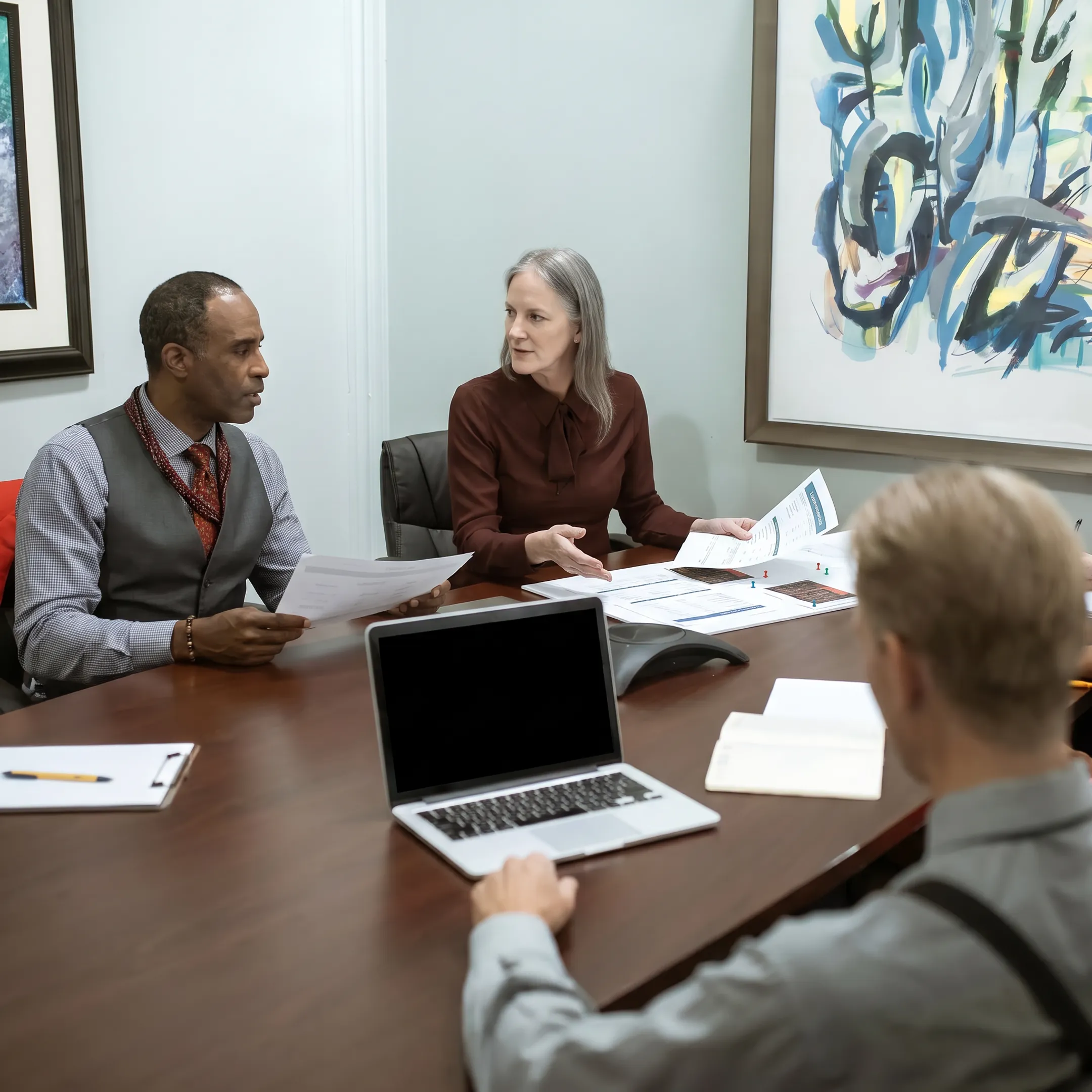 Small business owner reviewing funding options with financial specialist