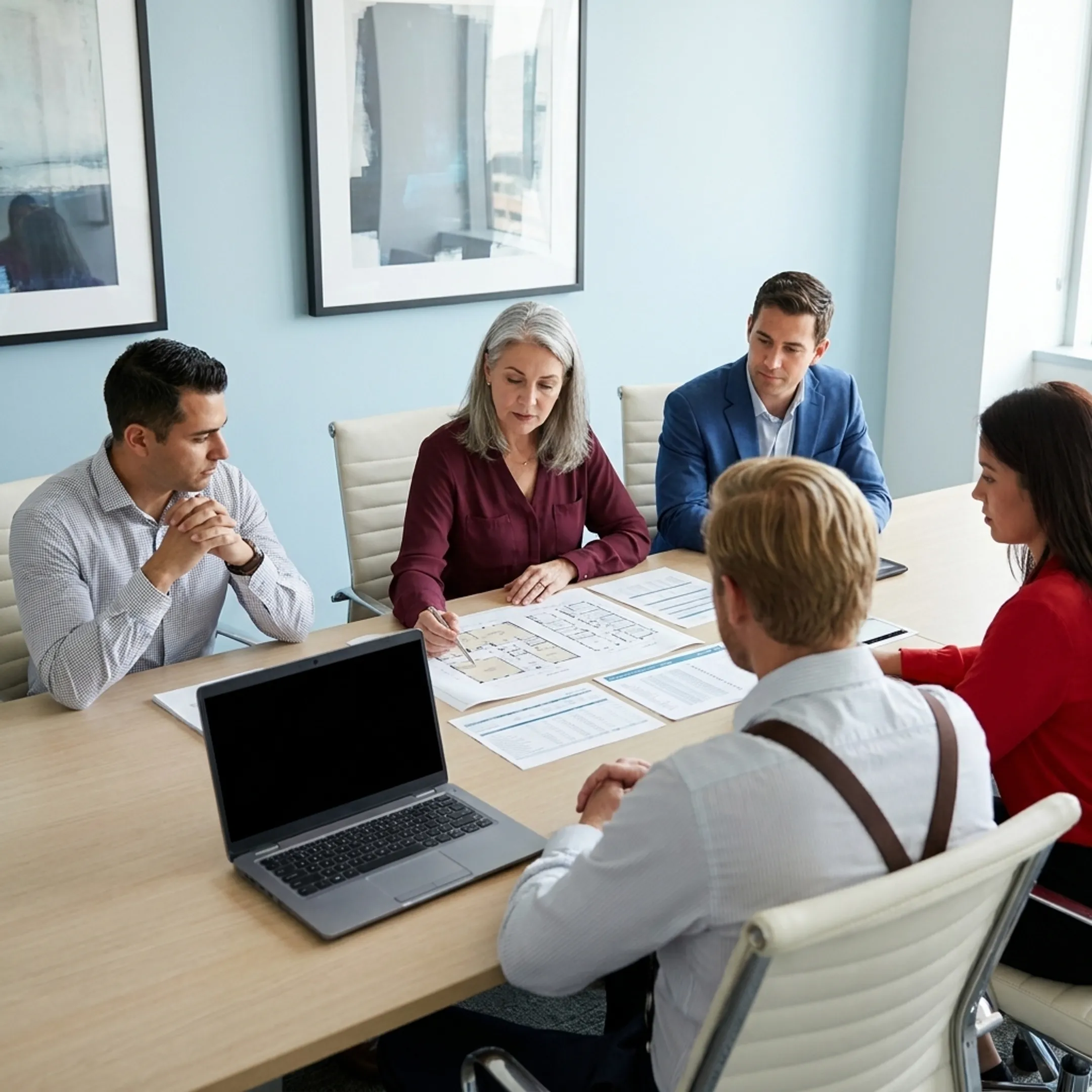 Investor examining commercial property plans and financing materials