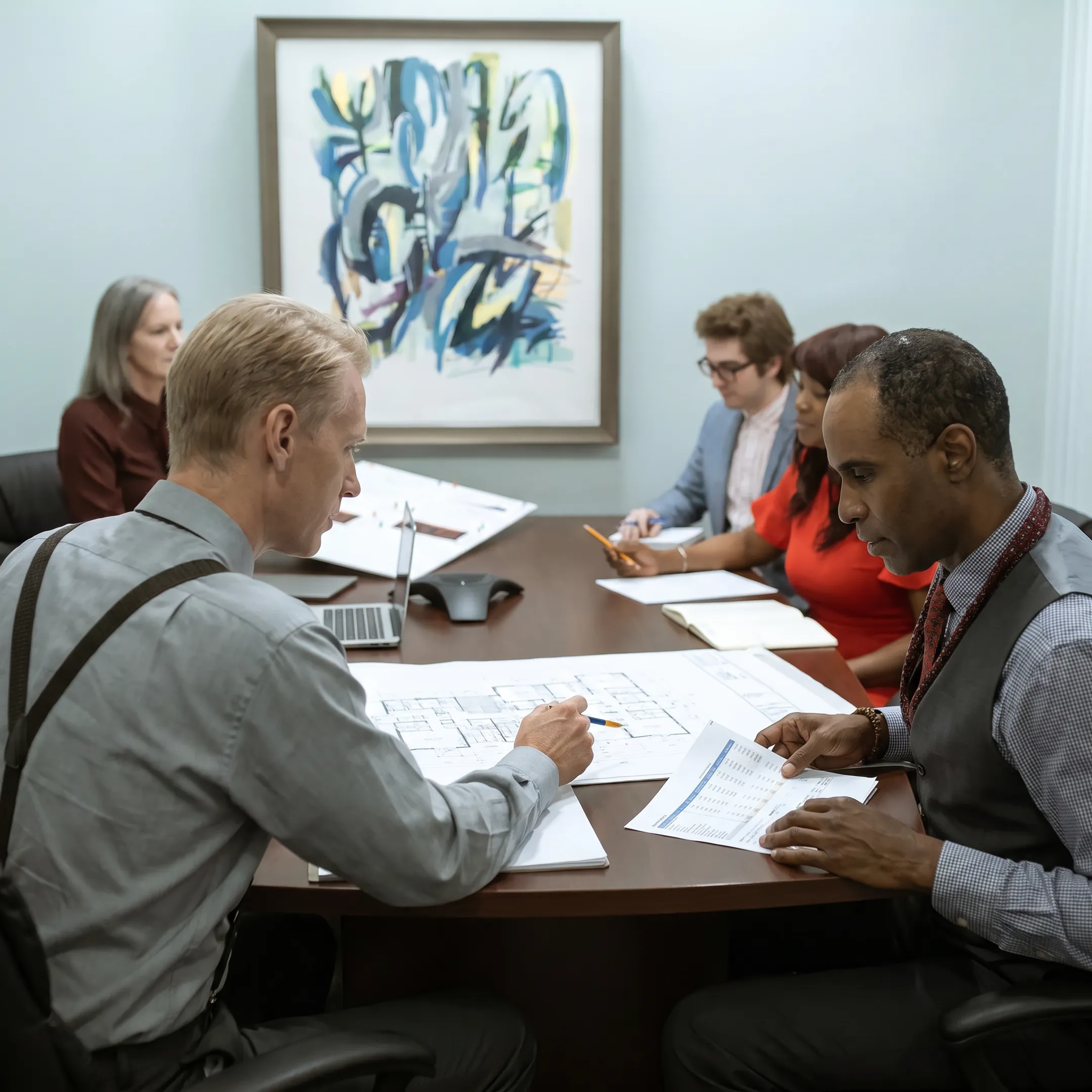 Real estate investor reviewing property financing documents with funding specialist