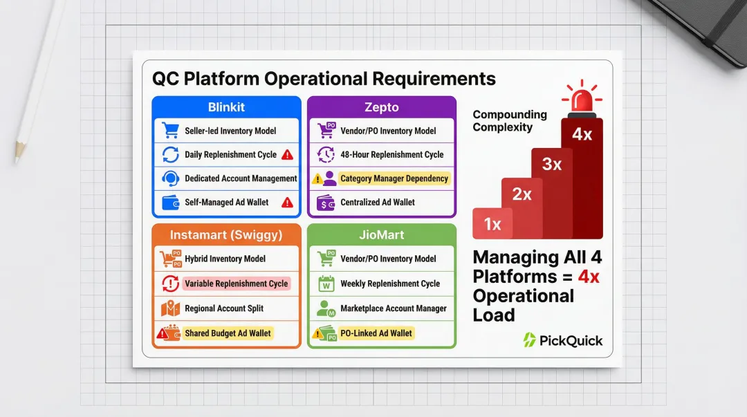 Multi-platform quick commerce operational complexity comparison across four inventory models