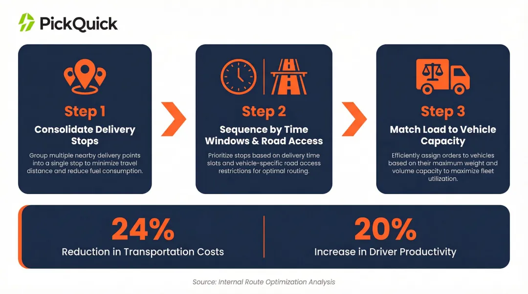 Three-step dairy route planning optimization process with cost reduction benchmarks