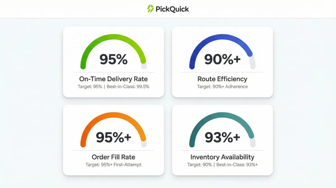 Four dairy dispatch KPI benchmarks on-time delivery fill rate route efficiency availability targets