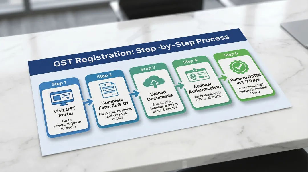 5-step GST registration process flow from portal to GSTIN receipt