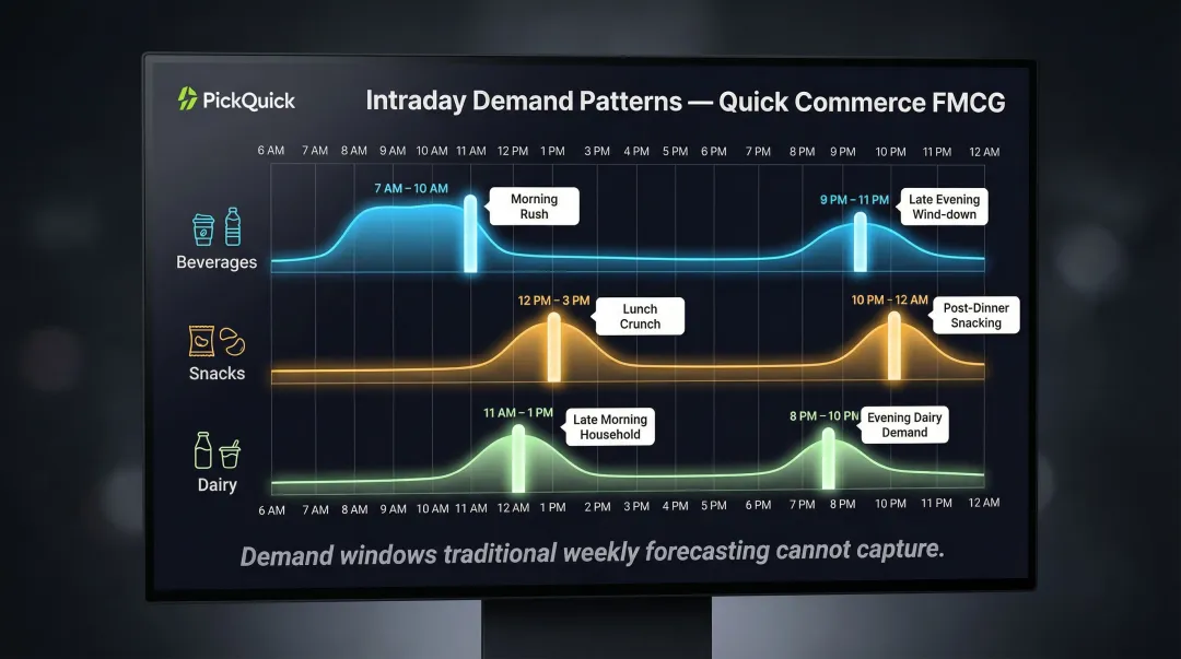 Quick commerce intraday demand spikes by category and peak hour windows