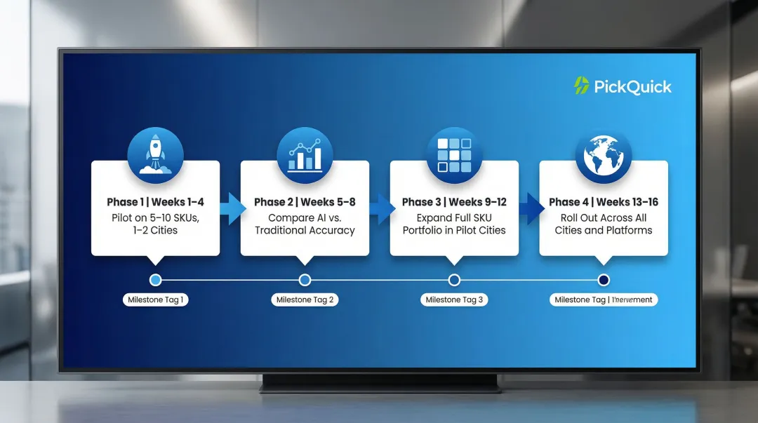 Four-phase AI demand forecasting implementation timeline from pilot to full rollout