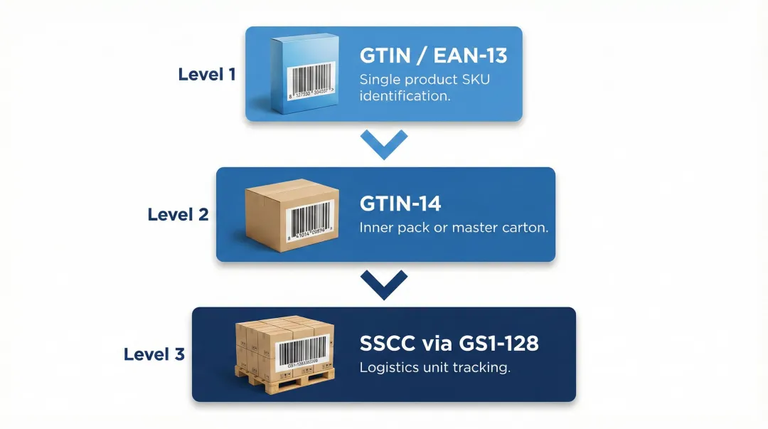 GS1 identifier hierarchy showing EAN-13 GTIN-14 SSCC and GS1-128 levels