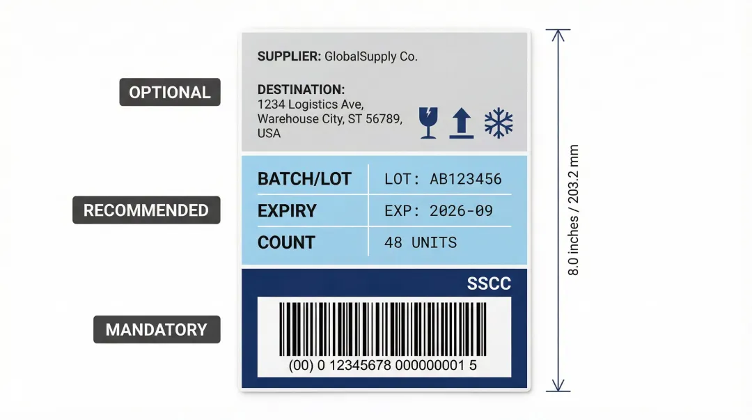 GS1 label three-block structure showing top middle bottom building blocks