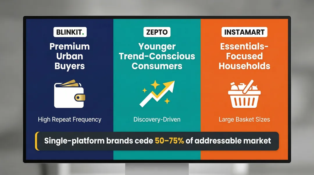 Multi-platform quick commerce strategy audience segments Blinkit Zepto Instamart brand reach comparison