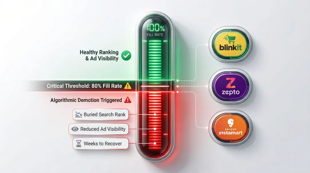 Quick Commerce fill rate threshold showing 80 percent availability triggering algorithmic demotion
