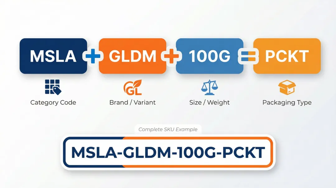 SKU naming convention structure breakdown with four hierarchical attribute segments