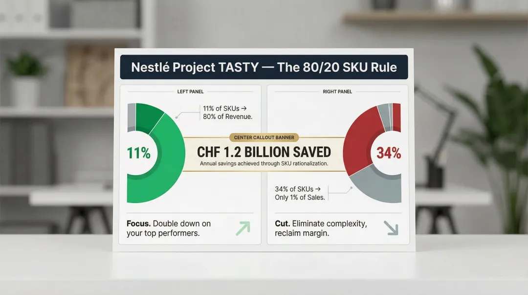 Nestlé SKU Pareto analysis showing 11 percent of SKUs driving 80 percent of sales