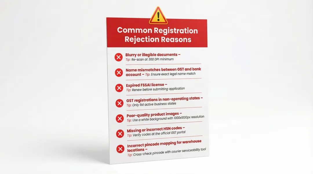 Seven common Swiggy Instamart registration rejection reasons checklist infographic