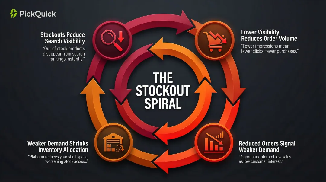 Four-step Blinkit stockout search ranking penalty compound feedback loop infographic
