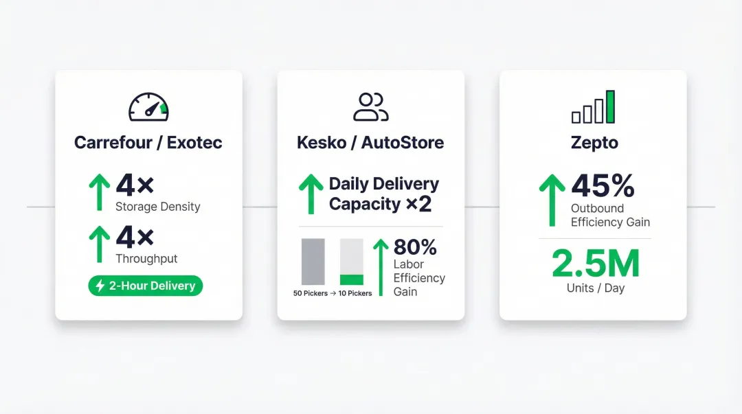 MFC automation outcomes Carrefour Kesko and Zepto performance improvements comparison chart
