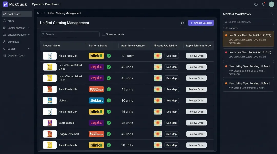 PickQuick operator dashboard managing multi-platform Quick Commerce listings and inventory