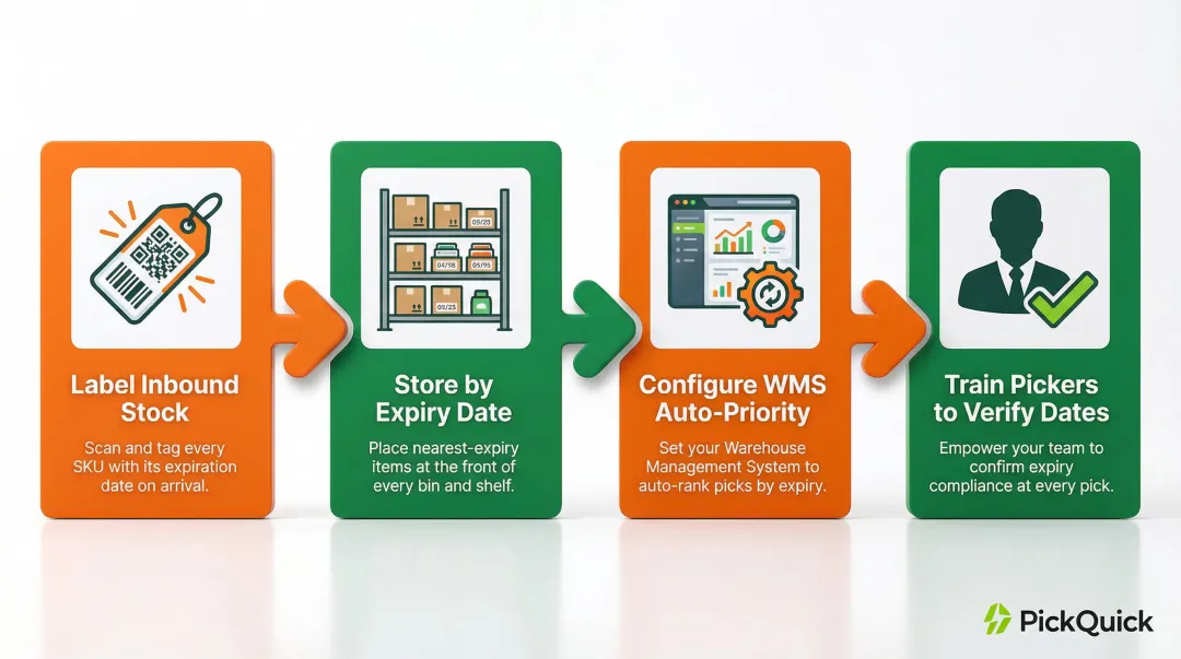 4-step FEFO inventory rotation process flow for perishable stock management