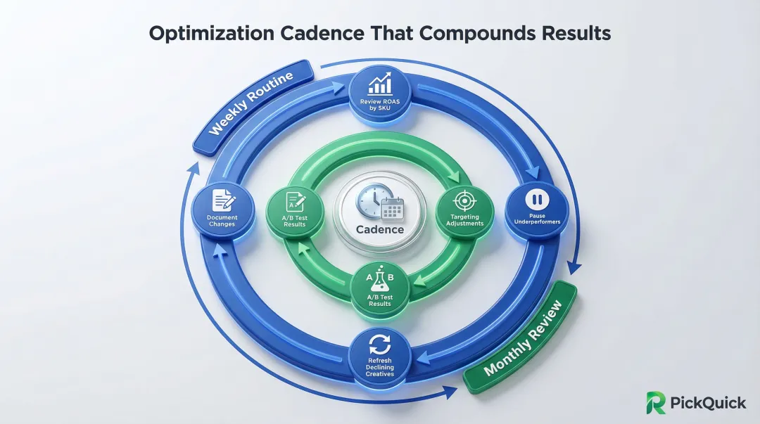Weekly and monthly Quick Commerce ad campaign review and optimization cadence schedule