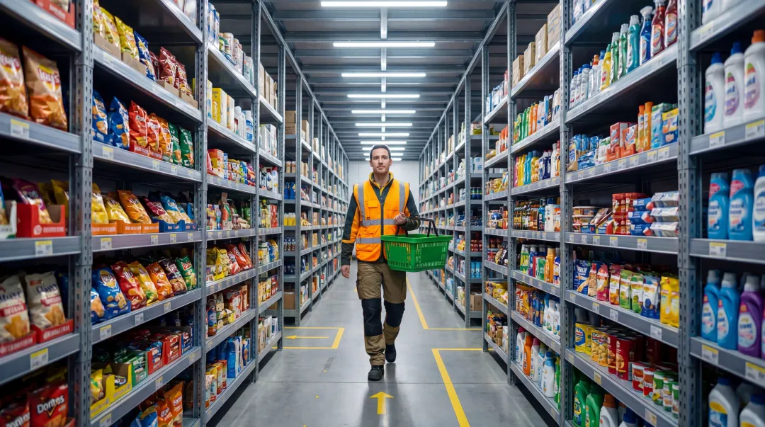 Quick Commerce dark store interior showing organized inventory shelves and fulfillment operations