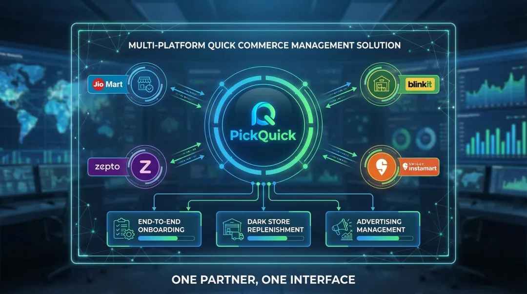 PickQuick multi-platform Quick Commerce dashboard managing JioMart Blinkit Zepto Swiggy Instamart