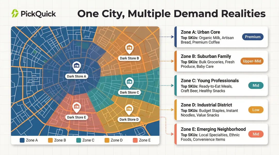 Dark store pincode cluster map showing distinct demand profiles across city zones