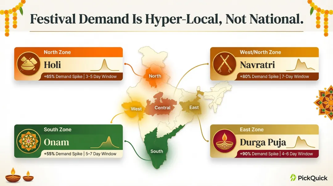 Regional festival demand spike calendar mapped to Indian geographic zones infographic