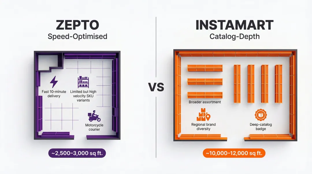 Zepto micro-fulfillment versus Instamart Megapod dark store format size comparison