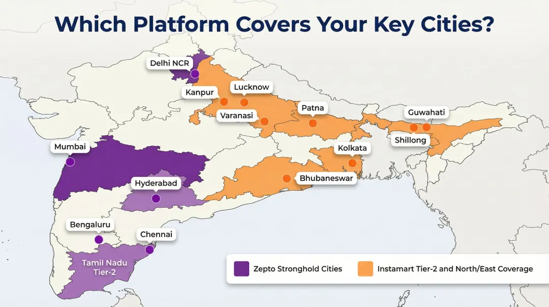 India quick commerce platform city coverage map Zepto strongholds versus Instamart reach