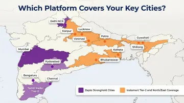 India quick commerce platform city coverage map Zepto strongholds versus Instamart reach