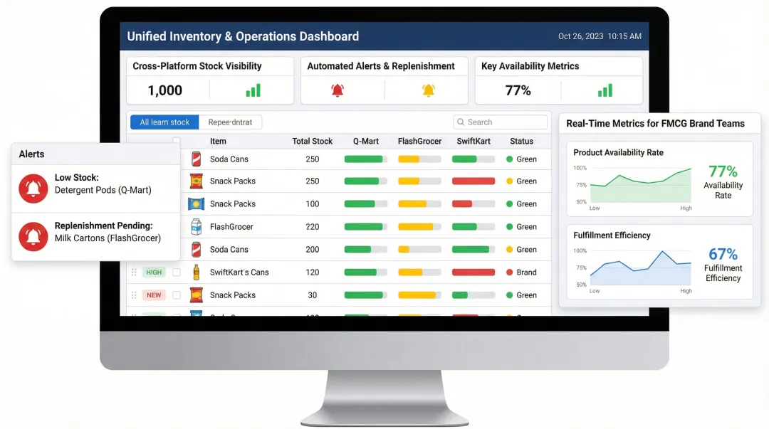 Unified quick commerce inventory dashboard displaying cross-platform stock levels and replenishment alerts
