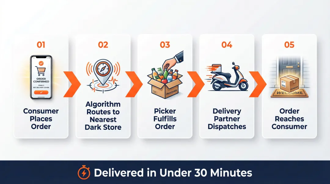 5-step quick commerce order flow from placement to doorstep delivery