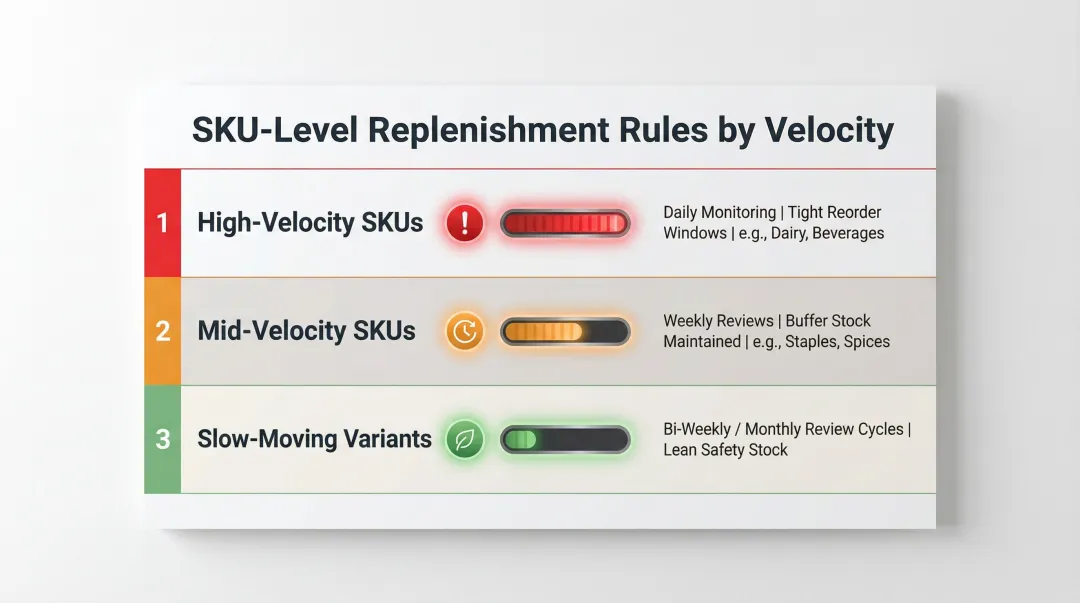 SKU velocity tiered replenishment rules daily weekly and monthly review cadence breakdown