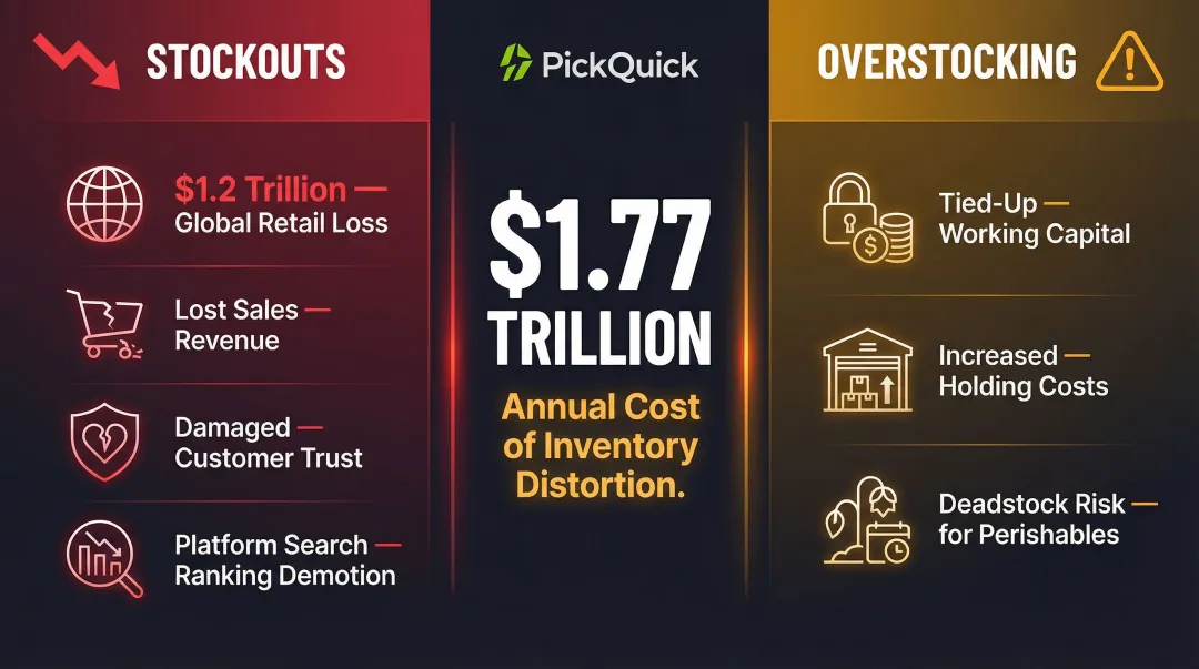 inventory distortion cost breakdown stockouts versus overstocking financial impact infographic