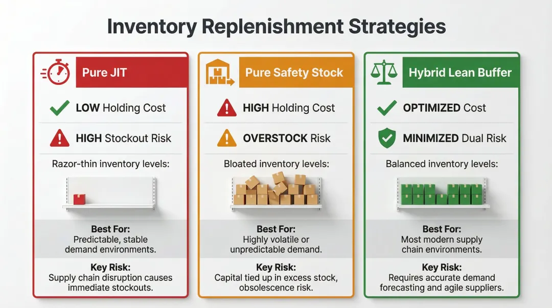 JIT versus safety stock versus hybrid inventory approach comparison table for quick commerce