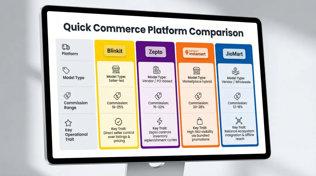 Four quick commerce platform comparison infographic showing model type and key seller requirements
