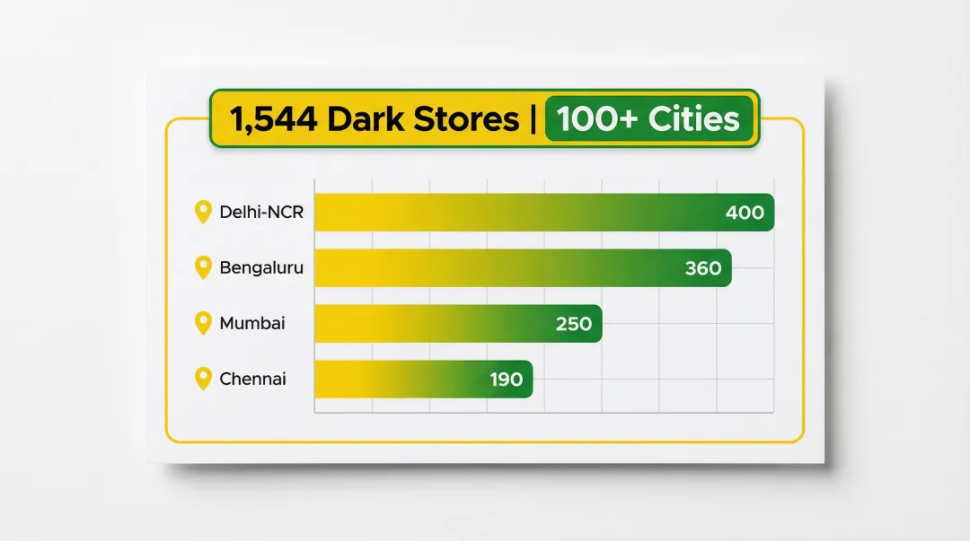 Blinkit dark store city distribution across Delhi Bengaluru Mumbai Chennai India map